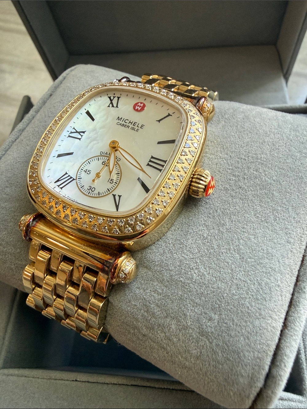 Michele Gold-Tone Diamond Bezel Mother-of-Pearl Dial Women's Watch - Picture 4 of 9